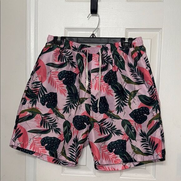 Tropical Pink and Black Leaf Print Shorts - Picture 1 of 6